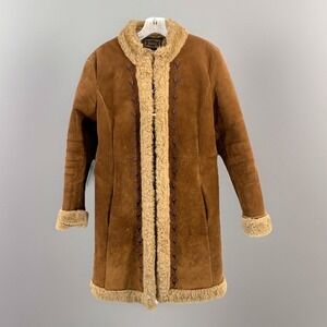 VTG 80s Guess Leather Suede Faux Fur Jacket 37" Trench Coat Embroidery FLAWS